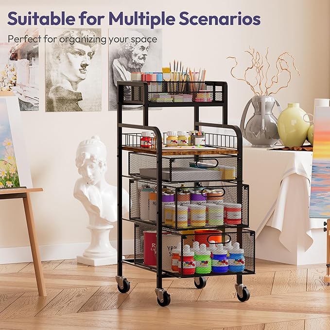 SWTYMIKI Office Rolling Cart with 3 Drawers - Metal Utility Cart with Wood Shelf, DIY Divider and Locking Wheels, Craft & Art Cart Organizer for Under Desk Storage for Home Office Studio, Espresso