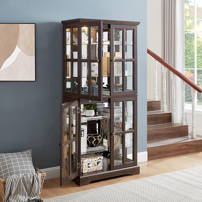 Curio Display Cabinet, Antique Display Cabinet with Glass Doors Adjustable Shelves for Collectibles Four Door Design Vintage Showcase for Home or Office Antique Display Case E26 Bulb Included CHE Ti