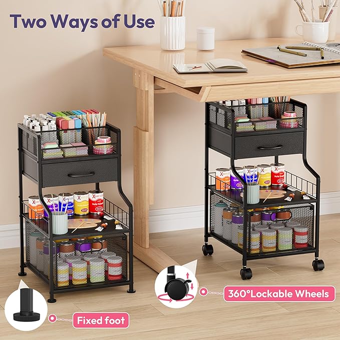 SWTYMIKI Rolling Under Desk Storage - Utility Cart with Drawers & DIY Divider - Art Cart Organizer on Wheels - Craft Storage Drawers Rolling Cart for Office, Craft Room & Studio Black