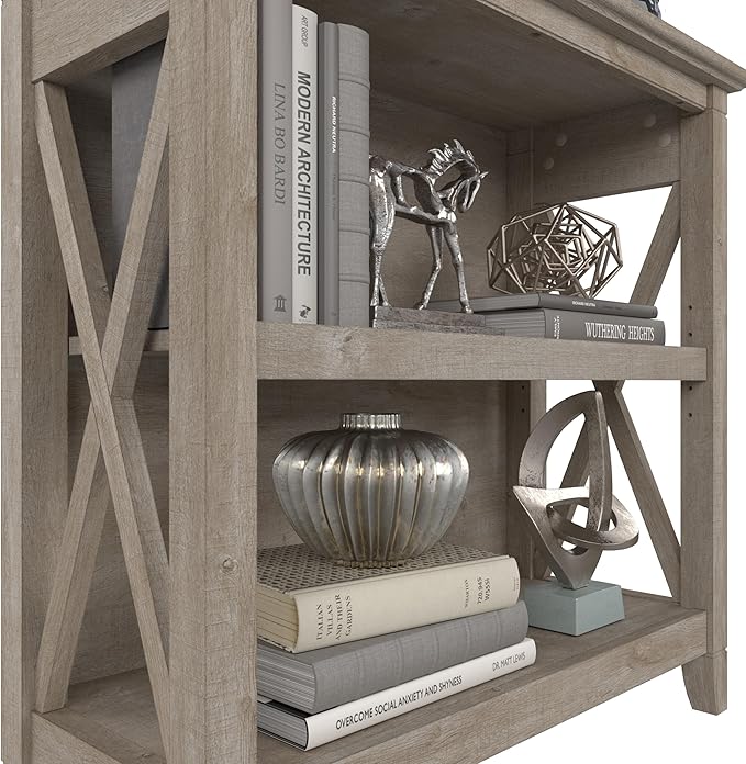 Bush Furniture Key West Small 2 Shelf Bookcase in Washed Gray, Compact Home Organizer, Vertical Storage Solution, Bookshelf for Office or Living Room