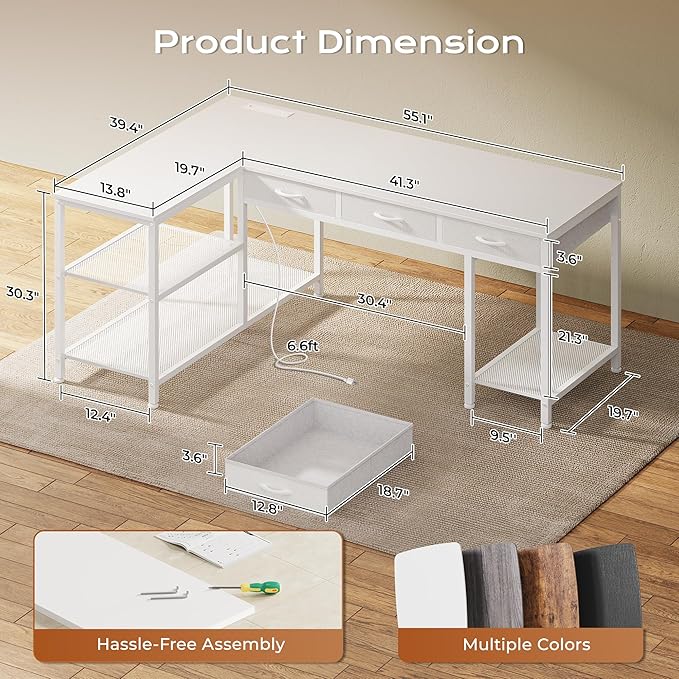 PRAISUN 55 Inch L Shaped Office Desk with Power Outlets and Type-C Port, Large Computer Gaming Desk with 3 Fabric Drawers, Mesh Shelves, Corner Study Work Writing Desk, White