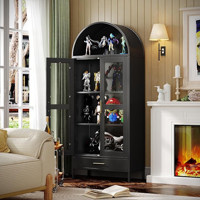 VEXPOR 73" Tall Arched Display Cabinet with Glass Doors, Metal Arched Curio Cabinet with Drawer for Living Room, Home Office, Assembly Required, Black