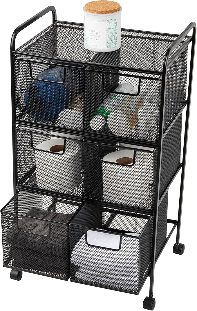 Mind Reader Multipurpose Rolling Cart with Drawers, Office Storage Organizer, Utility Cart, Metal Mesh, Black
