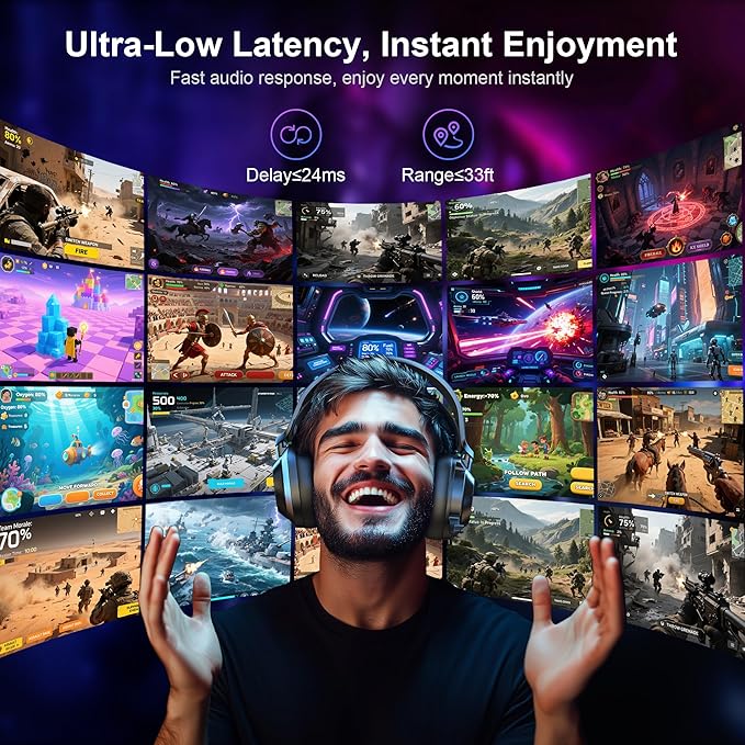 Vakedy HW10 Wireless Gaming Headset for PS5, PS4, PC, Switch, Mac, 2.4GHz Wireless Gaming Headphone with Flip Noise Canceling Mic, 50H Battery, 50mm Drivers, RGB Lights (Cool Black)