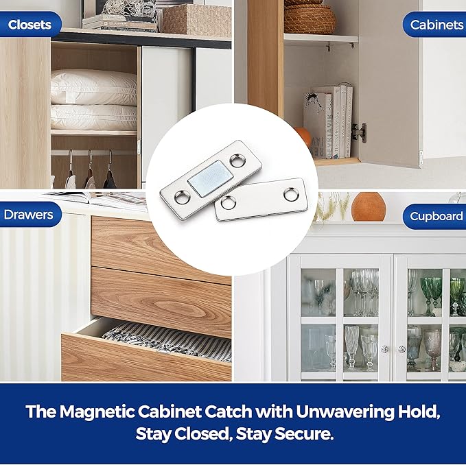 6 Pack Ultra Thin Cabinet Door Catch Stainless Steel Cabinet Magnetic Door Catch Cabinet Magnets Adhesive Drawer Latch Cabinet Magnetic Catch for Kitchen Closet Door Magnet Stick on Cupboard Wardrobe