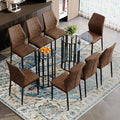 Table and chair set.71 inch oval tempered glass dining table,black double column light luxury style.Paired With 8 Comfortable Technology-Fabric Brown Chairs With Black Metal Legs. Accurate size, sui