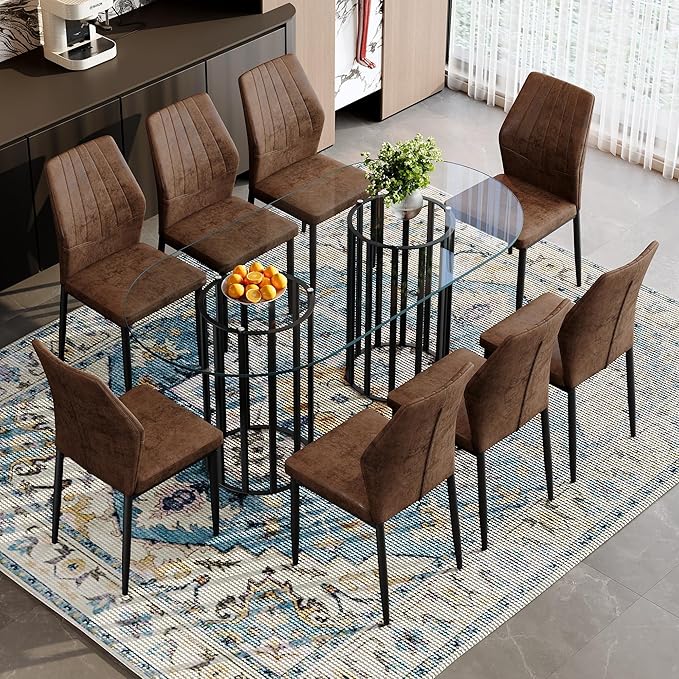 Table and chair set.71 inch oval tempered glass dining table,black double column light luxury style.Paired With 8 Comfortable Technology-Fabric Brown Chairs With Black Metal Legs. Accurate size, sui