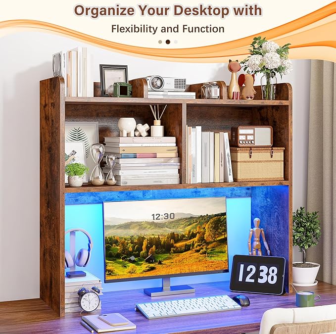 REIBII Desk Hutch Dorm for Computer Monitor Up to 27", Dorm Desk Hutch Top Only with RGB Light Strip, Wooden Desktop Bookshelf with 6 Shelves, 3-Tier Desktop Shelf for Home Office Dorm, Rustic Brown