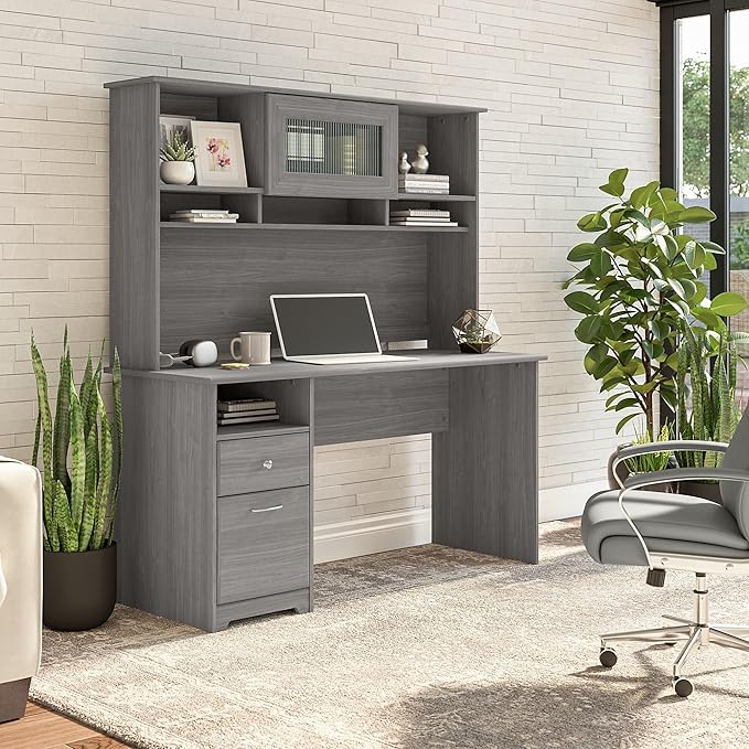 Bush Furniture Cabot 60W Single Pedestal Desk and Hutch, Modern Gray