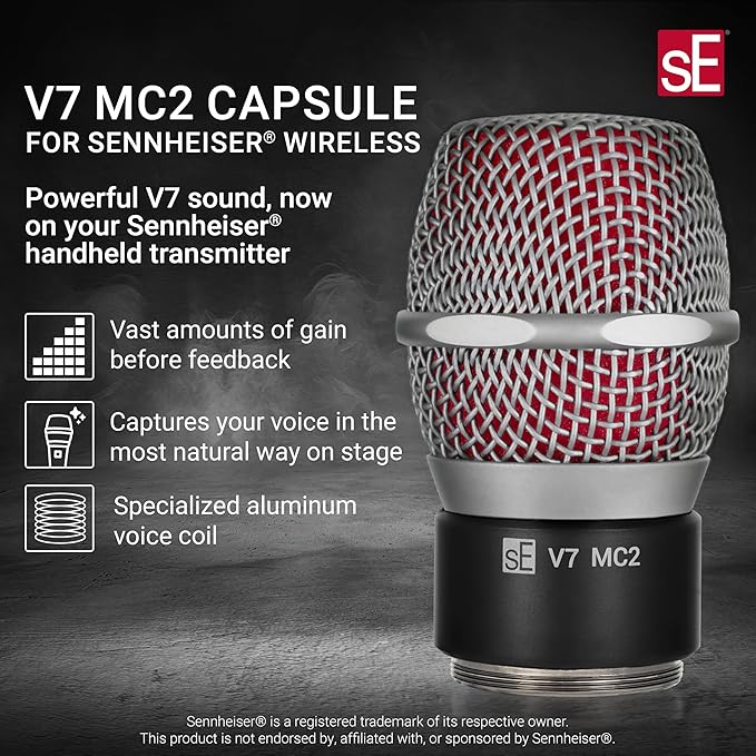 SE ELECTRONICS V7 MC2 Wireless Microphone Capsule - Compatible with Sennheiser Wireless Transmitters - Professional Dynamic Microphone for Singing, Speech & Music Studio Recording (Nickel MP03 Pouch)