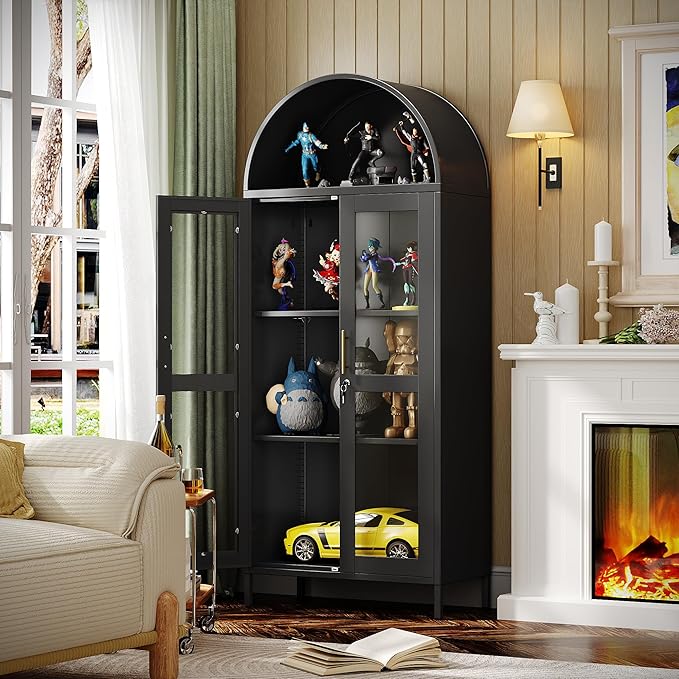 VEXPOR 73" Tall Arched Display Cabinet with Glass Doors, Metal Arched Curio Cabinet with Lock for Living Room, Home Office, Assembly Required