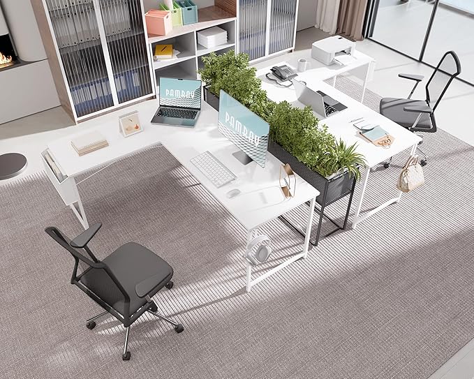 Pamray 64.5 Inch Reversible L Shaped Gaming Desk Large Corner Computer Desk with Storage Bag Home Office Table for Writing Study White