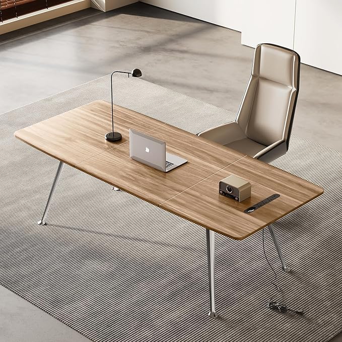 71-Inch Executive Desk, Computer Office Desk Workstation with Chrome-Plated Legs and Built-in Power Outlet, Writing Table Business Furniture, Modern Minimalist Style for Home Office, Light Brown