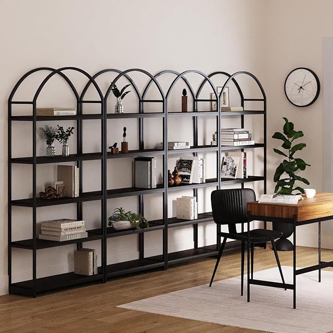Nathan James Haven Etagere Bookshelf, 5-Shelf Bookcase in Nutmeg Wood and Black Metal Frame with Arch Top and Open Shelves, Nutmeg/Black, Set of 4