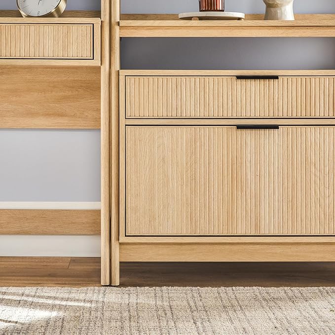 Walker Edison Transitional 3-Piece Hutch Desk with 2 Wide Bookcases, Reeded Drawer Fronts, Built-in outlets and USB Ports, Set of 3, Coastal Oak