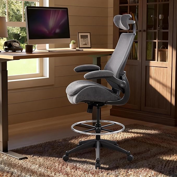 Ergonomic Drafting Chair Tall Office Chair for Standing Desk - 400lbs Mesh Computer Stool with Adjustable Footring, Dual Seat Cushion, and Space-Saving Flip-Up Arms for Counter Height Work