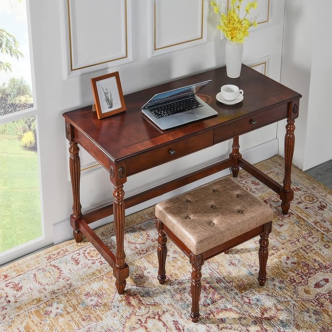 Vintage Wooden Writing Desk Stool Set, Large Secretary Desk and Cushioned Stool Set with 2 Drawers, 46" W Wood Writing Table Vanity Makeup Table Sets for Home Office-Cheery&Light Wheat