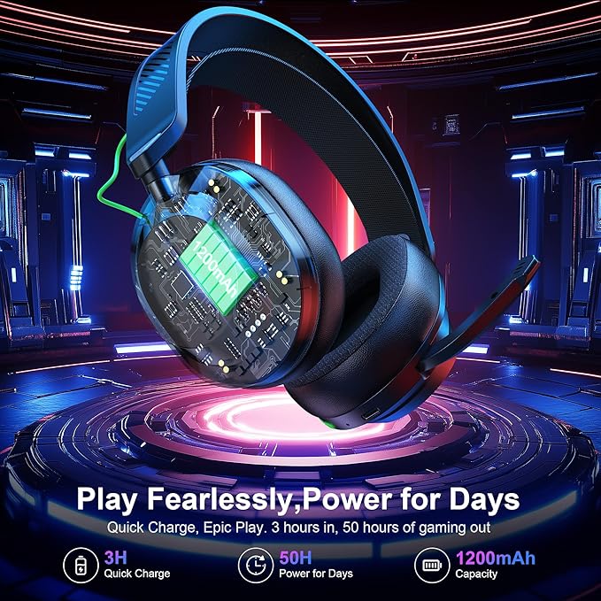 Vakedy HW10 Wireless Gaming Headset for PS5, PS4, PC, Switch, Mac, 2.4GHz Wireless Gaming Headphone with Flip Noise Canceling Mic, 50H Battery, 50mm Drivers, RGB Lights (Cool Black)