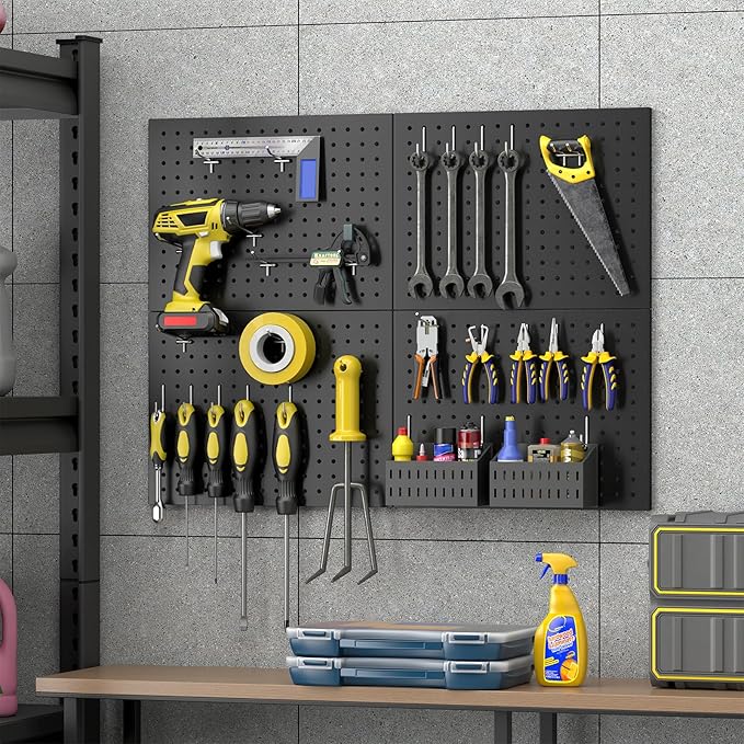 Metal Pegboard,4 Pack Metal Pegboard Panels With 8 Hooks,Black Pegboard Wall Organizer,16"x12" Steel Peg Boards for Walls,Tools,Garage,Office