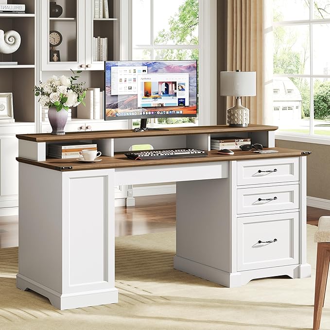 RALGEND 2 Pack 55'' Farmhouse Executive Desk with Drawers, Computer Desk with File Cabinet and Side Bookshelf, Writing Gaming Desk with Monitor Stand, White and Walnut