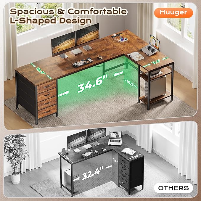 Huuger 63 Inch L Shaped Desk with Fabric Drawers, Computer Office Desk with Power Outlets and USB-C Port, Corner Desk with Storage Shelves, for Gaming Work Study Home Office, Reversible, Rustic Brown