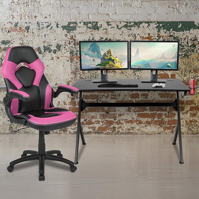 Flash Furniture Optis Black Gaming Desk and Pink/Black Racing Chair Set with Cup Holder, Headphone Hook & 2 Wire Management Holes