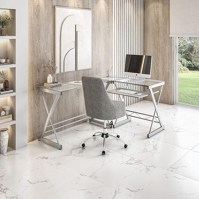 Techni Mobili L Shaped Desk with Keyboard Tray - Efficient Work from Home Desk - Glass L Shaped Desk - Professional Work Desk for Home Office - Versatile Glass Corner Desks for Home Office