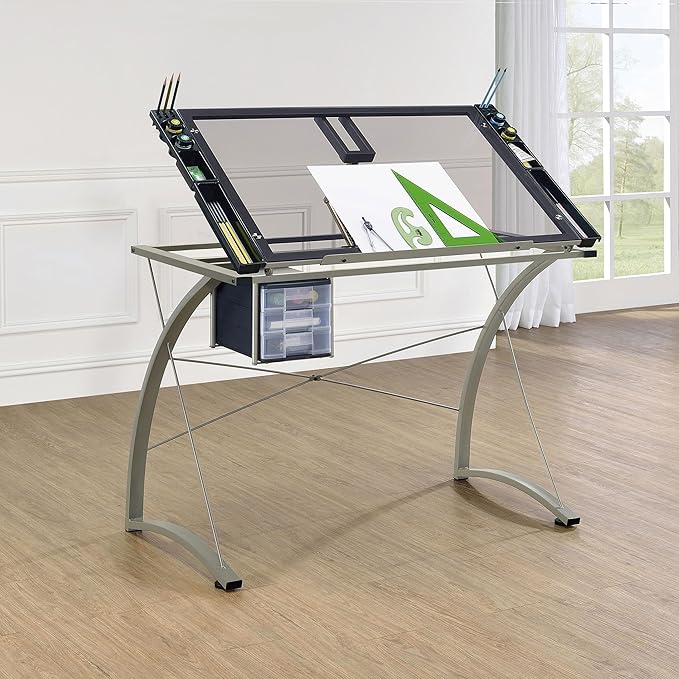 Coaster Home Furnishings - Melo - Metal and Glass - 41-Inch Drafting Table with Adjustable Pitch, Three Drawers, Retractable Pencil Ledge and Storage Compartments - Home Office - Silver - 800986