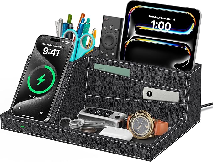 Wireless Charger with Desk Organizer, Fast Charging Station for iPhone 16/15/14/13/12/11 Pro Max, Desk Phone Charger Stand, Desktop Nightstand Organizer Pen Holder for Home Offfice Supplies