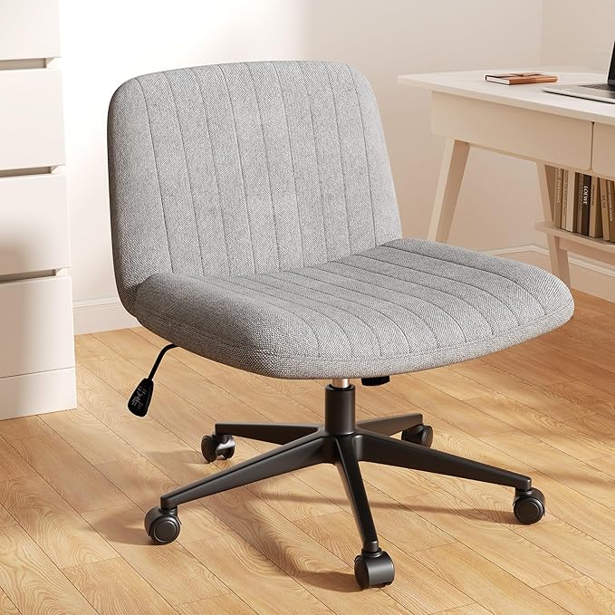 Meilocar Criss Cross Chair with Wheels, Cross Legged Office Chair, Armless Office Chairs Adjustable Height Swivel Tilting Fabric Vanity Chairs for Home Bedroom (Grey)