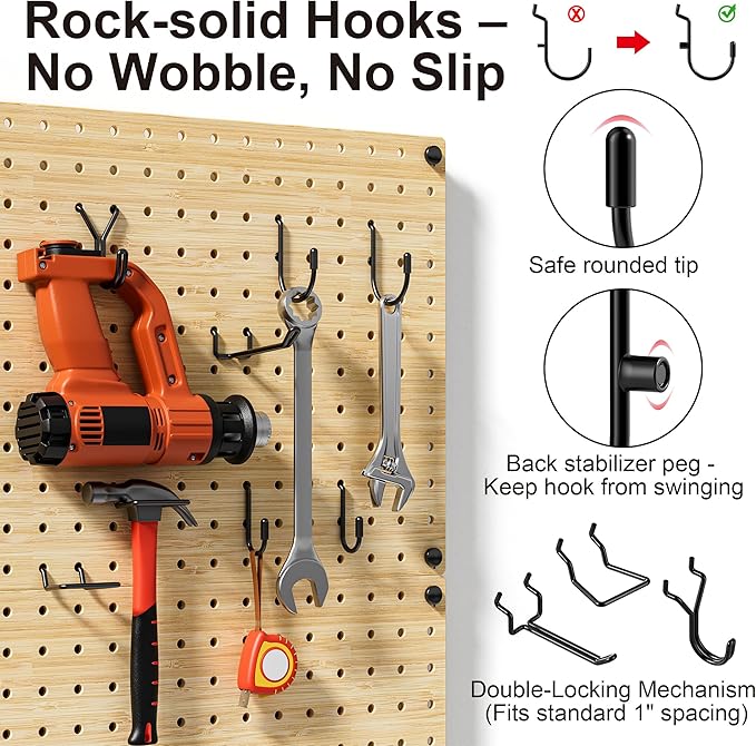 VOIMO Bamboo Pegboard Organizer Set, 6 Panels (16"x12") with 48 Hooks – Eco-Friendly Wall Mounted Storage Rack for Tools, Crafts & Office – Natural Bamboo Pegboard System with Accessories