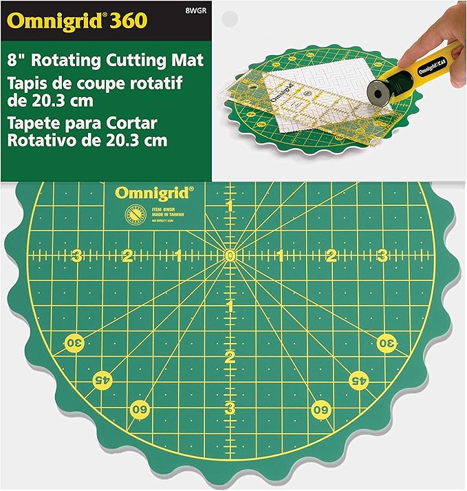 Omnigrid 360 Rotating Self-Healing Cutting Mat, 8 Inch Precision Fabric Cutting Mat with Durable Surface for Quilting, Sewing & Crafts