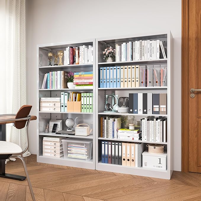 5 Tier Metal Bookshelf, 55 in Tall White Bookcase, 4 Adjustable Storage Shelves, Large Heavy Duty Bookcases for Office, Study Room, Home, Library