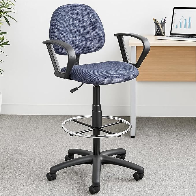 Benzara Jea Drafting Stool Chair, Loop Arms, Blue Tweed, Round Footring