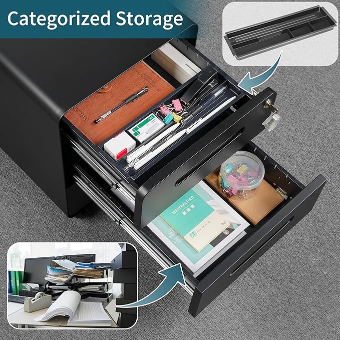 3 Drawer Under Desk Printer Stand with Lock, Mobile Rolling Printer Table for Home Office, Fully Pre-Assembled (Wheels Only to Attach), 4 Keys Included, Black
