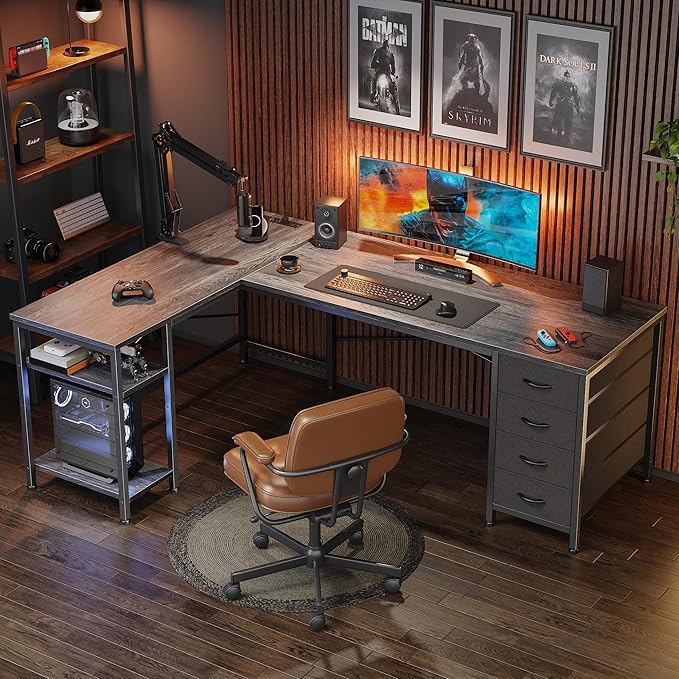 Huuger 55 Inch L Shaped Desk with Fabric Drawers, Reversible Computer Gaming Desk with Power Outlets and USB-C Port, Adjustable Side Storage Shelves, for Work Study Corner Home Office, Grey