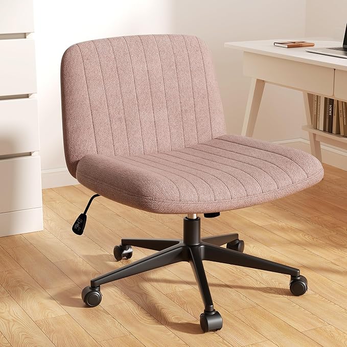 Meilocar Criss Cross Chair with Wheels, Cross Legged Office Chair, Armless Office Chairs Adjustable Height Swivel Tilting Fabric Vanity Chairs for Home Bedroom (Pink)