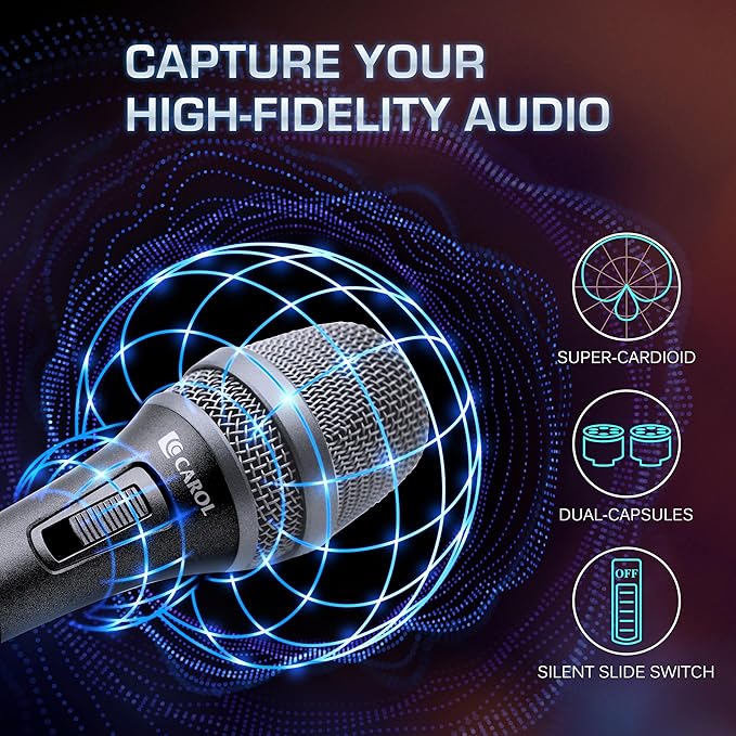 CAROL AC-900S XLR Wired Vocal Microphone – Dynamic Supercardioid Mic with Dual-Engine AHNC Noise Cancelling Tech for Singing, Karaoke, Stage & Studio, Includes Mic Clip, 14.8ft Cable & Switch - Black