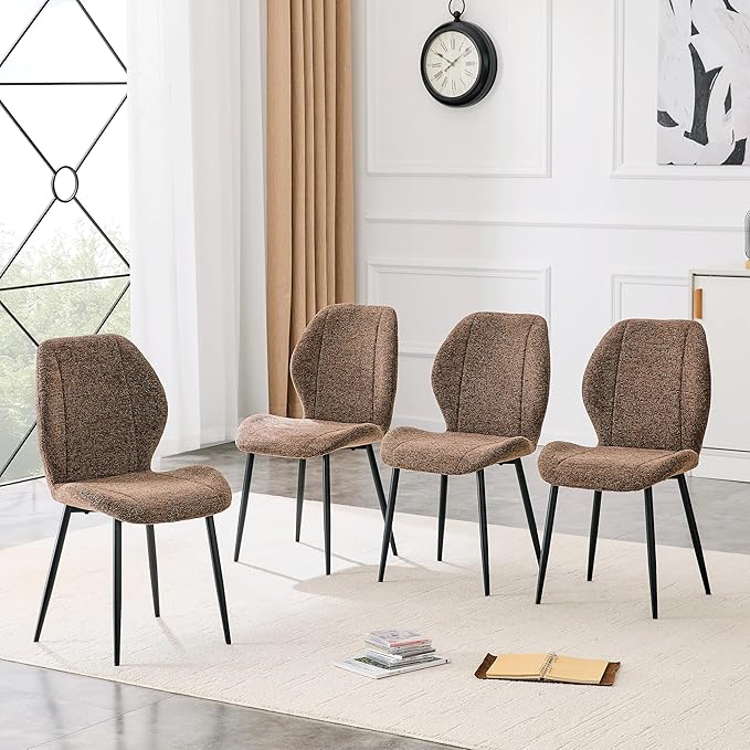 4 sets of retro and minimalist brown fabric dining chairs with spacious and comfortable cushions.Black metal legs and adjustable feet, suitable for dining room, study & office ,etc. Precise dimensio