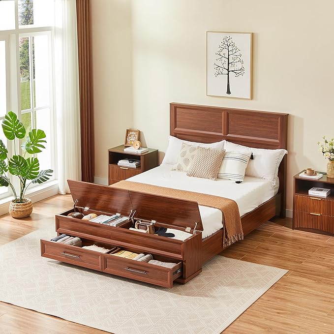 Queen Size Bed with 3D Geometric Headboard & Storage Bench - 4-Drawer Storage, Modern Bedroom Furniture, Walnut. The 3D geometric grid pattern on the headboard exudes modern charm, blending refineme