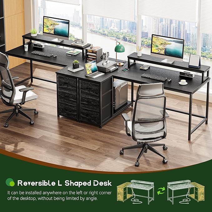 EnHomee Gaming Desk with LED Lights & Power Outlet, 40Inch L Shaped Computer Desk with Drawers, Small Desk Home Office Desks with Monitor Stand for Gaming,Study Room,Home Office,Bedroom,Black