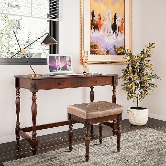 Vintage Wooden Writing Desk Stool Set, Large Secretary Desk and Cushioned Stool Set with 2 Drawers, 46" W Wood Writing Table Vanity Makeup Table Sets for Home Office-Cheery&Light Wheat