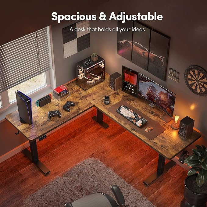 CubiCubi L Shaped Standing Desk 75 x 63 Inch Adjustable Height, Electric Corner Desk, Sit Stand Home Office Desk with Splice Board, Rustic Brown（2 Packages