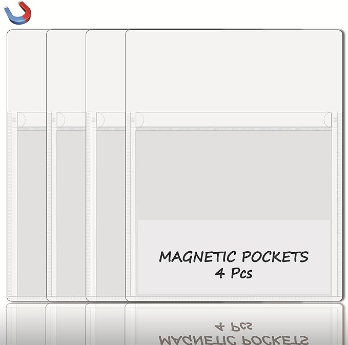IMAGAME Magnetic Pocket 4 Pack – Self-Adhesive Magnetic Storage Pouch for Documents, Notes & Tools, Strong Magnet Backing for Fridge, Whiteboards, and Metal Surfaces (White 4Pcs)