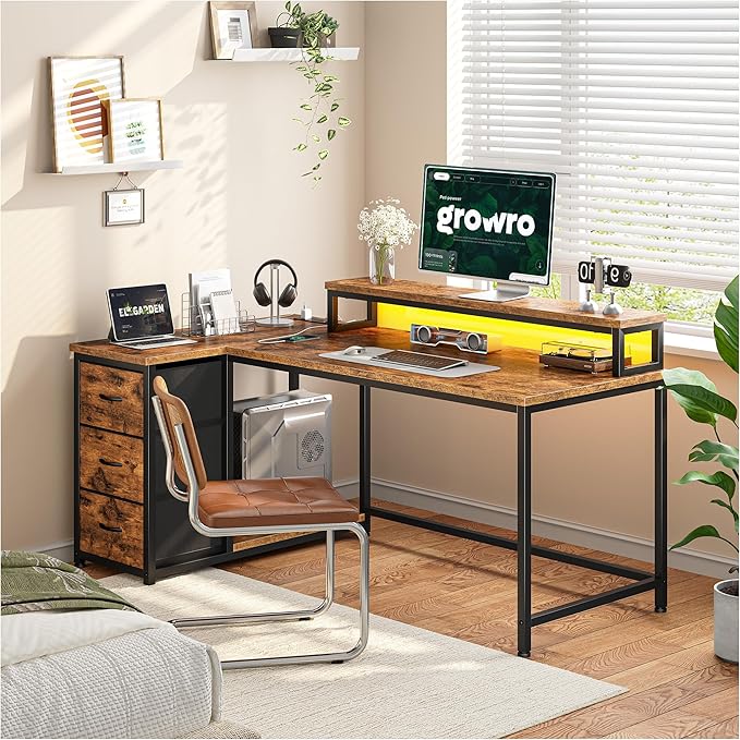 EnHomee L Shaped Gaming Desk with Monitor Stand & 3 Drawers, 48 Inch Computer Desk with Power Outlet Reversible Office Desk with LED Lights for Gaming, Study Room, Home Office, Rustic Brown