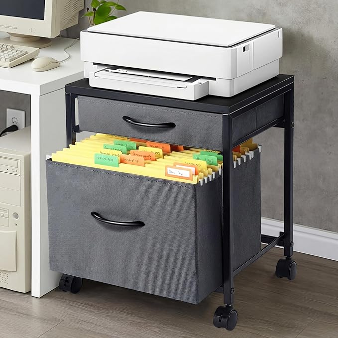 AceOrbit Printer Stand Rolling Mobile File Cabinet Cart with 2 Fabric Drawers A4 Letter Size Beside, Vertical Filing Cabinet on Lockable Wheel with Storage Under Desk for Home Office(Gray)