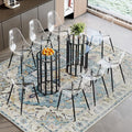 Table and chair set.71 inch oval tempered glass dining table,black double column light luxury style. Paired with 8 Transparent Plastic Chairs with Black Metal Legs. Accurate size, suitable for 8 peo