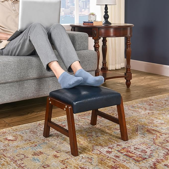 Small Foot Rest Ottoman, 11.8" H PU Leather Rectangle Foot Stool with Non-Skid Wood Legs, Small Foot Step Footstool Sofa Footrest for Couch, Desk, Office, Purplish Blue