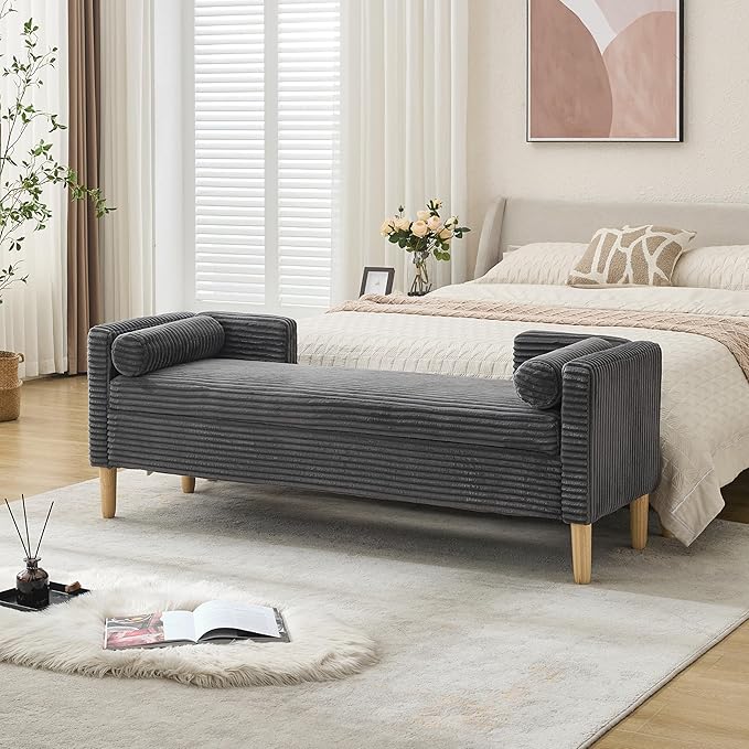 65.35"Wide Upholstered Flip-top Storage Accent Bed Bench, Corduroy Footrest Ottoman with Armrests&Backrest&2 Bolster Pillows Wood Legs for Living Room, End of Bed, Hallway, Entryway Bedroom. Charcoa