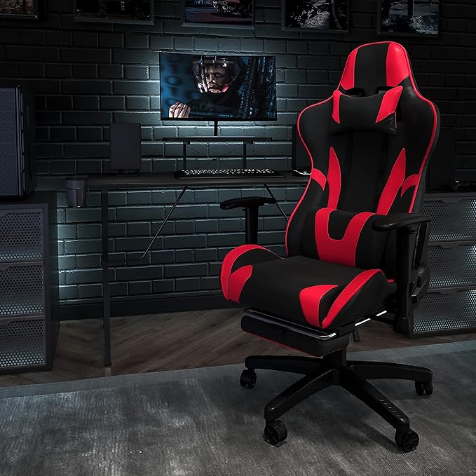 Flash Furniture Black Gaming Desk and Red/Black Footrest Reclining Gaming Chair Set with Cup Holder, Headphone Hook, & Monitor/Smartphone Stand